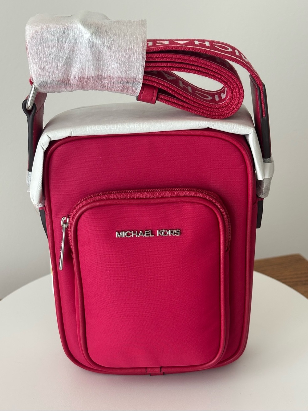 MICHAEL KORS KHAI NYLON CROSSBODY BAG, GUITAR STRAP, DARK RASPBERRY, NWT